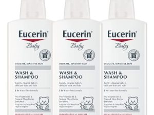 غسول وشامبو Eucerin Baby Wash & Shampoo - 2 في 1 تركيبة خالية من الدموع ، خالية من مسببات الحساسية والعطور ، تغذي وتهدئ البشرة الحساسة - 13.5 أونصة سائلة (عبوة من 3 قطع)