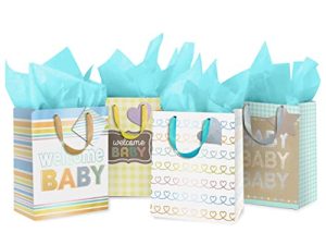 YE GIVING Baby Gift Bags مع مناديل ، 8 "x4" x10 "4 Pack. 4 تصاميم. مجموعة حقائب هدايا للمولود الجديد ، تتضمن مناديل ورقية وبطاقات.