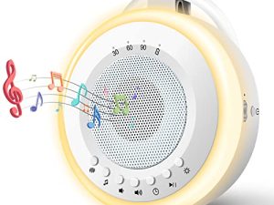 جهاز صوتي محمول للأطفال باللون الأبيض: Easy @ Home 2 في 1 مهدئ وإضاءة ليلية | 16 تهويدة مهدئة وأصوات طبيعية و 3 إعدادات مؤقت للسفر | USB قابل لإعادة الشحن | سهل التعليق | GM-02
