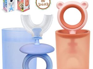عبوة من قطعتين من فرشاة أسنان الأطفال على شكل حرف U للأطفال الصغار من سن 2-6 ، فرشاة أسنان سيليكون للأطفال مع كوب تخزين ، فرشاة أسنان للتدريب اليدوي للأطفال 360 درجة للعناية بأسنان الأطفال
