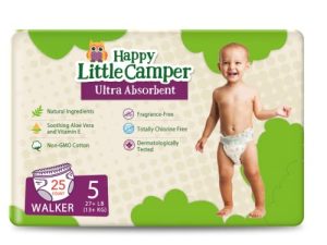 حفاضات Happy Little Camper الطبيعية ، حفاضات أطفال قطنية للاستعمال مرة واحدة مع الصبار ، فائقة الامتصاص ، لا تسبب الحساسية وخالية من العطور للبشرة الحساسة ، مقاس 5 (+27 رطلاً) ، 25 قطعة