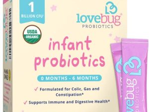 Lovebug الحائز على جائزة USDA Organic Probiotic للرضع | الأعمار من 0 إلى 6 أشهر | يساعد في علاج المغص والارتجاع والإسهال والإمساك والغازات | مسحوق لا طعم له | خالي من السكر | خالية من مسببات الحساسية وغير معدلة وراثيًا ونباتية
