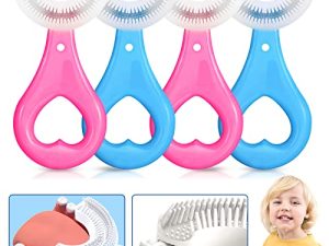 فرشاة أسنان للأطفال على شكل حرف U - عبوات من 4 - فرشاة أسنان للأطفال الصغار مع رأس فرشاة سيليكون ناعم من الدرجة الغذائية ، تصميم تنظيف أسنان 360 درجة لفرشاة أسنان الأطفال ، فرشاة أسنان يدوية للفم بالكامل للأطفال من سن 2-6