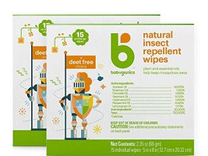 Babyganics DEET مناديل مبللة خالية من الحشرات للسفر | ذات أساس نباتي طبيعي ، 30 منديل (عبوتان من 15)