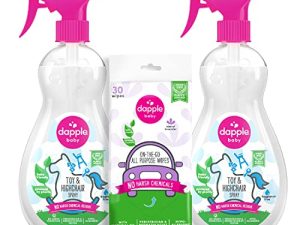بخاخ تنظيف الألعاب والكراسي المرتفعة من دابل بيبي ، خالٍ من العطور ، زجاجة 16.9 أونصة سائلة (عبوة من قطعتين) + 30 كيس مناديل لجميع الأغراض ، لافندر - بخاخ نباتي ومناديل تنظيف لا تسبب الحساسية