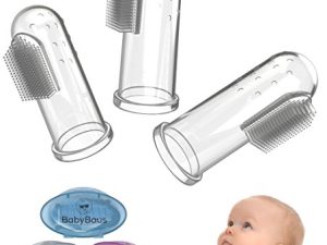 BabyBaus: فرشاة أسنان Baby Finger | نظافة الفم السهلة للأطفال والرضع والرضع والحيوانات الأليفة | شعيرات ناعمة وتدليك ، تصميم مريح - مجموعة من 3 ، مع 3 حافظات باللون الأزرق والوردي والشفاف