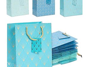 أكياس هدايا من رقائق معدنية باللونين الأزرق والذهبي مع مقابض ، 4 تصاميم لاستحمام الطفل ، والزفاف (15 عبوة)
