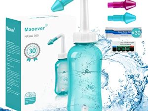 MAOEVER Neti Pot Sinus Rinse Bottle Nose Wash Cleaner الضغط شطف وري الأنف للبالغين والأطفال خالٍ من BPA 300 مل مع 30 عبوة ملح لغسل الأنف ومقياس حرارة لاصق (أخضر)